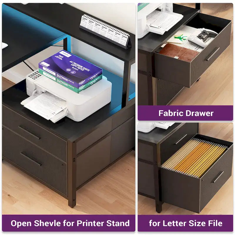 Reversible L Shaped Computer Desk with File Drawer  Long Monitor Stand  Charging Station & RGB LED Strips