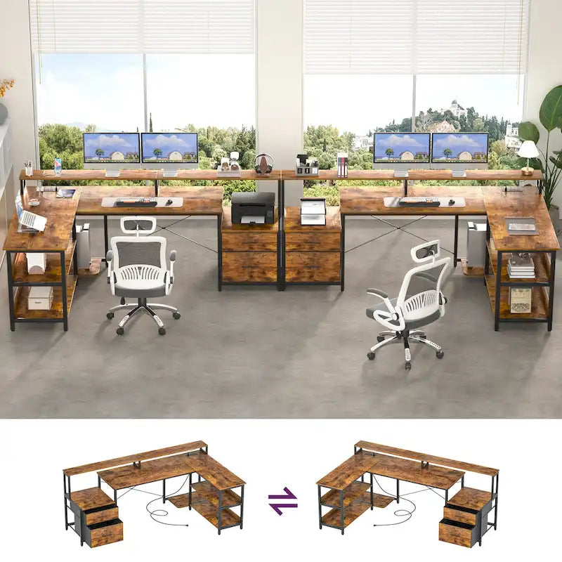 Reversible L Shaped Computer Desk with File Drawer  Long Monitor Stand  Charging Station & RGB LED Strips
