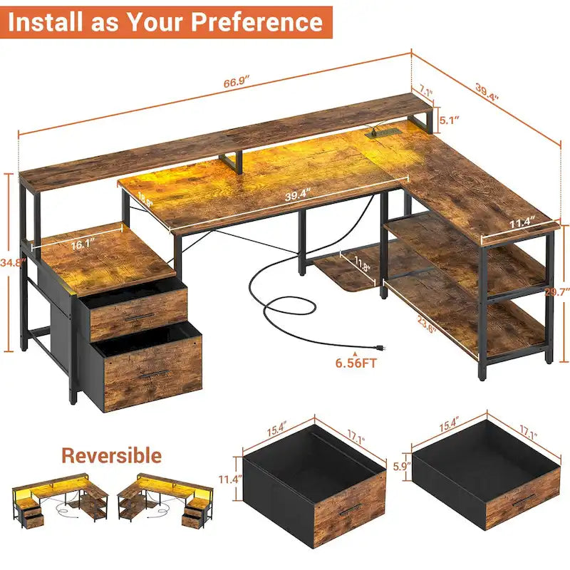 Reversible L Shaped Computer Desk with File Drawer  Long Monitor Stand  Charging Station & RGB LED Strips