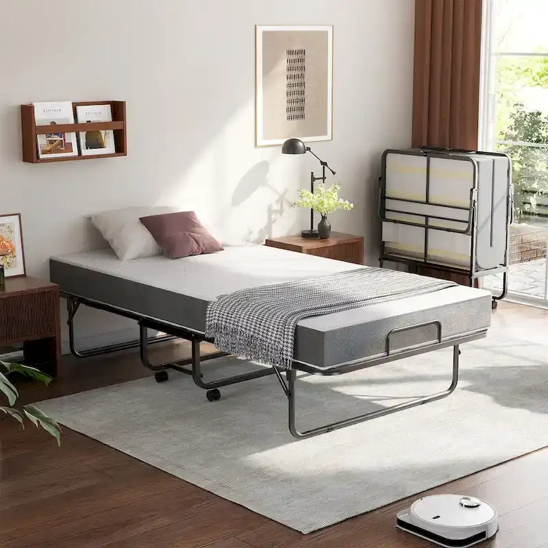 Folding Bed with 5 Inch Memory Foam Mattress, Small Single Bed Extra Guest Bed with Wheel