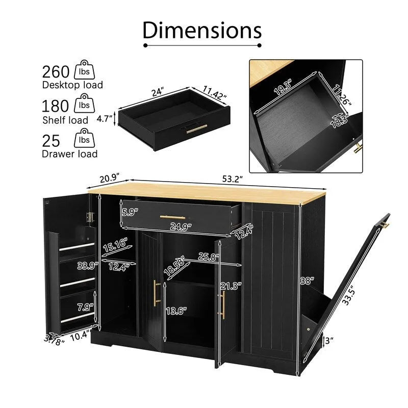 53-Inch Kitchen Storage Island with Drawers & Built-In Trash Bin  Modern Farmhouse Design for Kitchen & Dining.