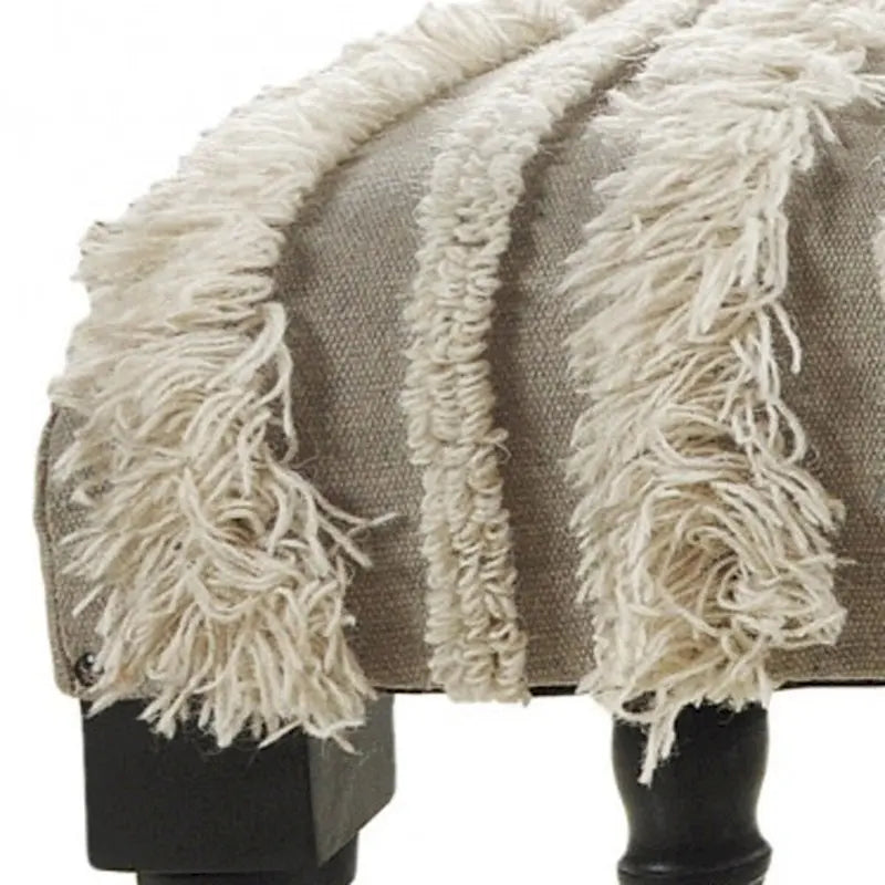 Wood Cream Cotton Upholstered Bedroom Bench Striped Pattern Nailhead Trim - 16 D X 47 W x 18 H