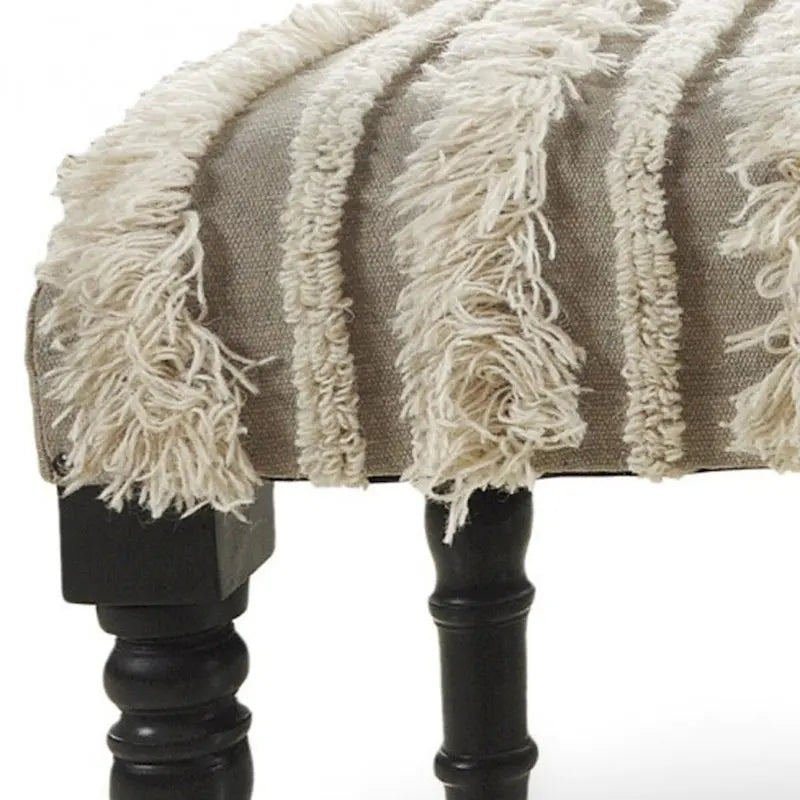 Wood Cream Cotton Upholstered Bedroom Bench Striped Pattern Nailhead Trim - 16 D X 47 W x 18 H