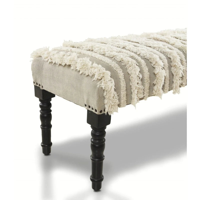 Wood Cream Cotton Upholstered Bedroom Bench Striped Pattern Nailhead Trim - 16 D X 47 W x 18 H