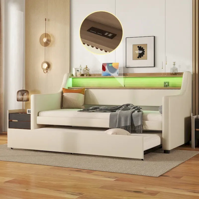 Twin Size Upholstered Daybed with Trundle and LED