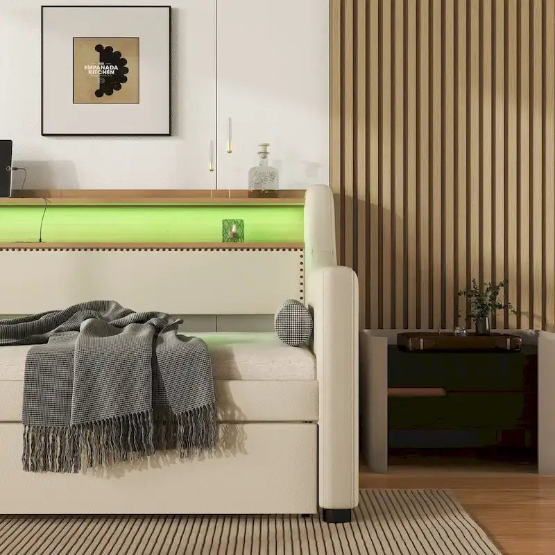 Twin Size Upholstered Daybed with Trundle and LED