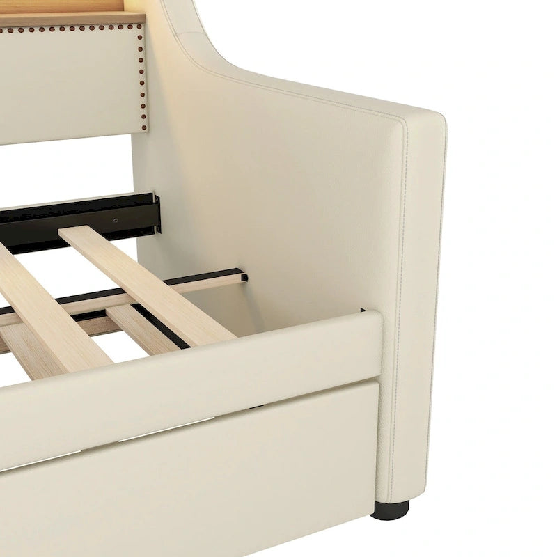 Twin Size Upholstered Daybed with Trundle and LED
