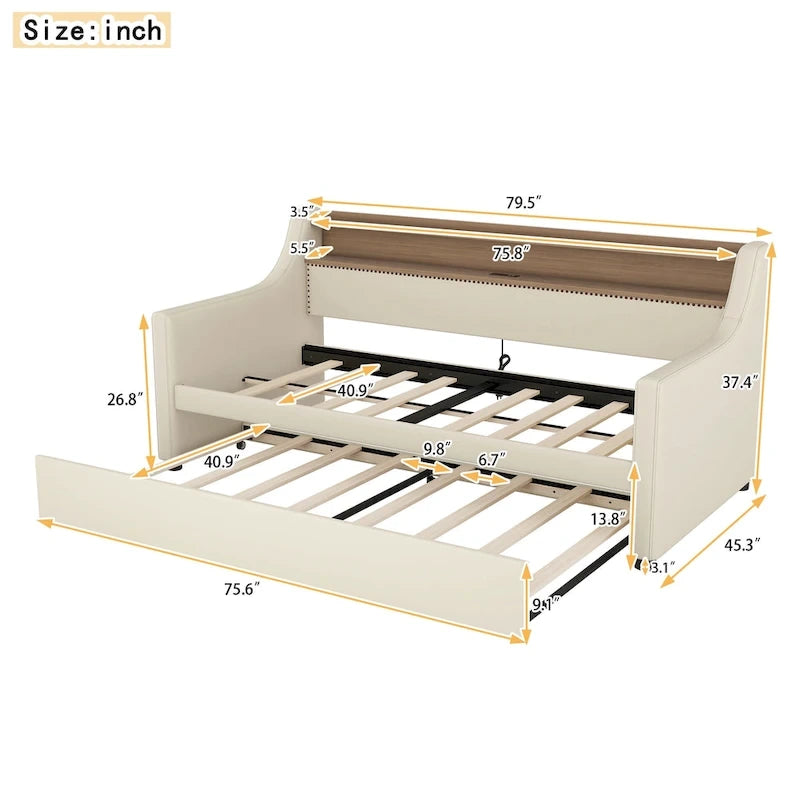 Twin Size Upholstered Daybed with Trundle and LED