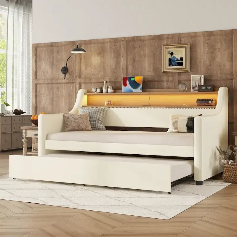 Twin Size Upholstered Daybed with Trundle and LED