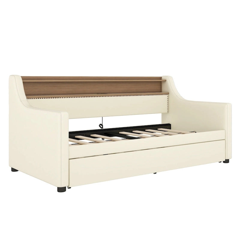 Twin Size Upholstered Daybed with Trundle and LED
