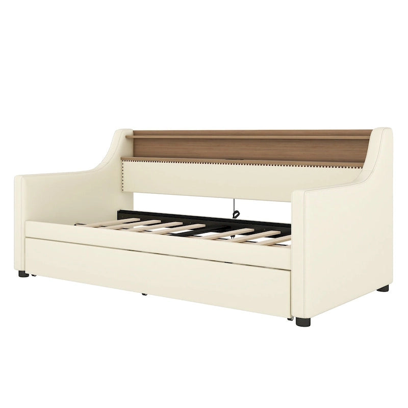 Twin Size Upholstered Daybed with Trundle and LED