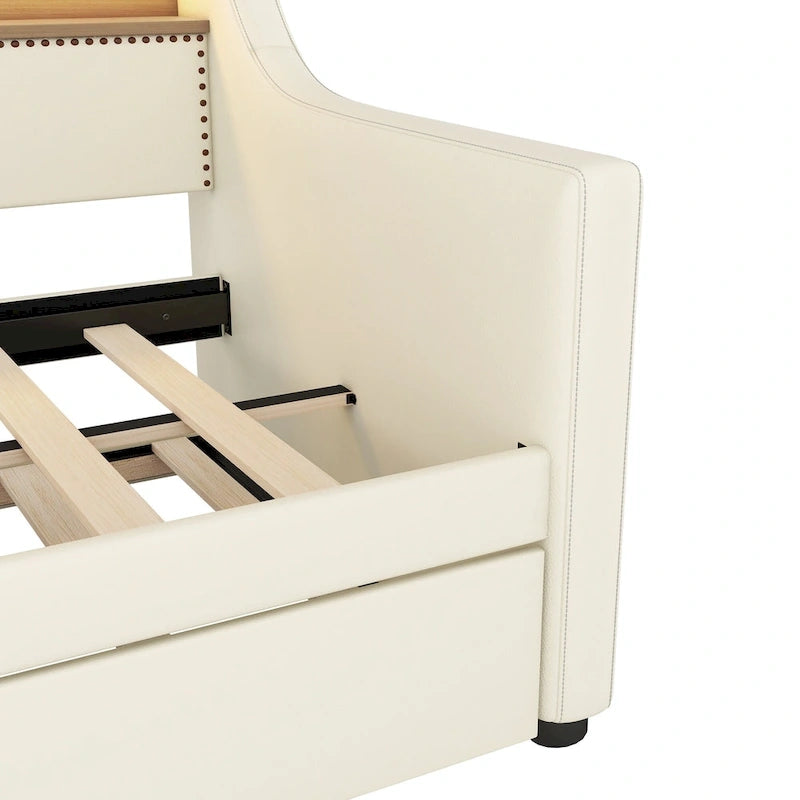 Twin Size Upholstered Daybed with Trundle and LED