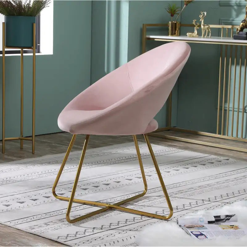 Pink Modern 28 Polyester Upholstered Accent Chair with Gold Tone Finished Base and Metal Sled Legs