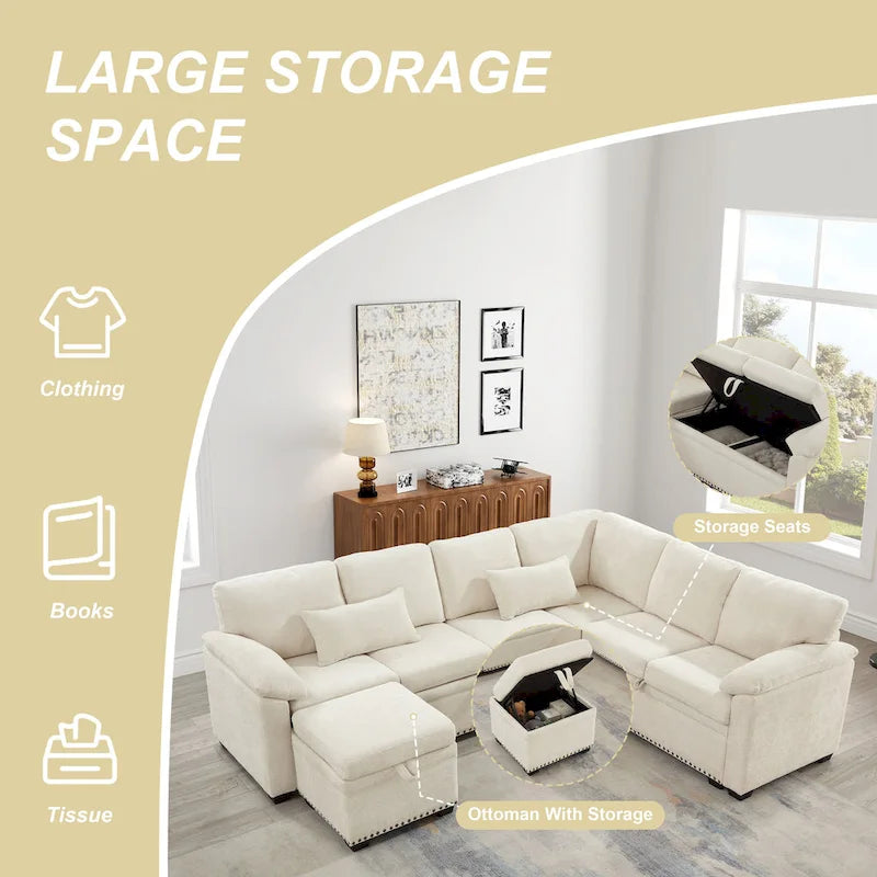 97 Chenille L-Shaped Sectional Sofa with Storage Ottoman, 7 Seats & 2 Pillows - Convertible Sleeper Sofa