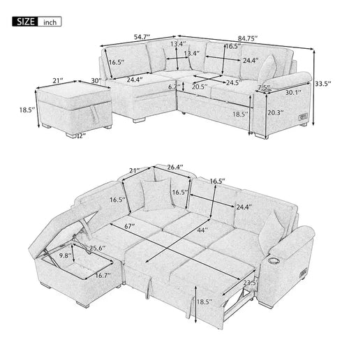 84.75 L-Shaped 5 Seater Sectional Sofa with Storage Ottoman, 2-in-1 Pull-Out Couch for Living Room