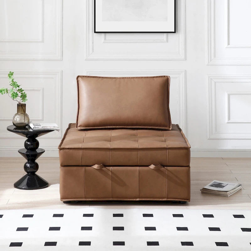 39 Faux Leather Single Multipurpose Ottoman Pull Out Sofa Bed with Adjustable Backrest and Pillow for Living Room