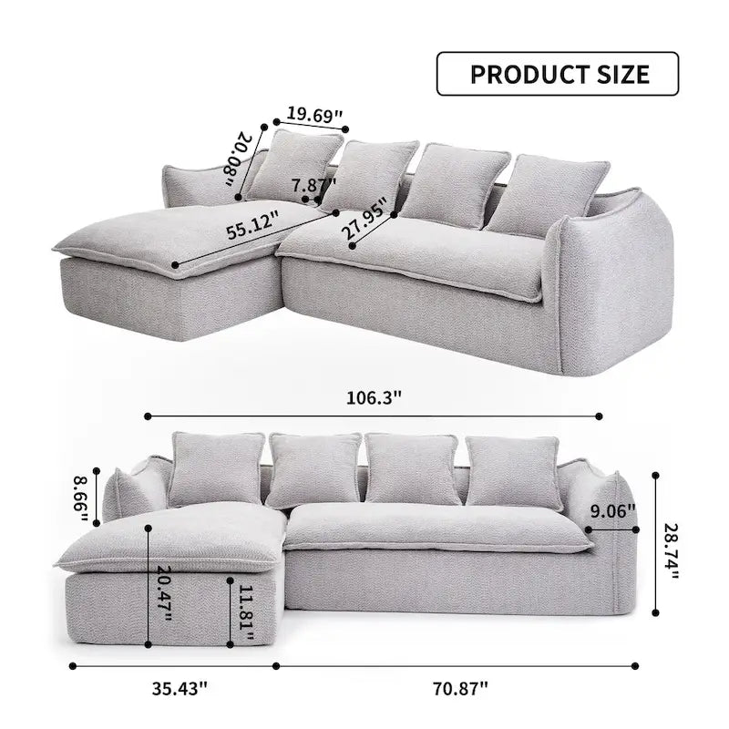 106.3 Oversized L-Shaped 3-Seat Sofa with Chaise and 4 Pillows