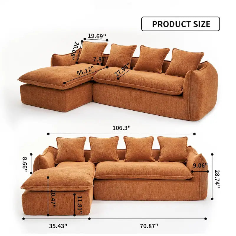 106.3 Oversized L-Shaped 3-Seat Sofa with Chaise and 4 Pillows