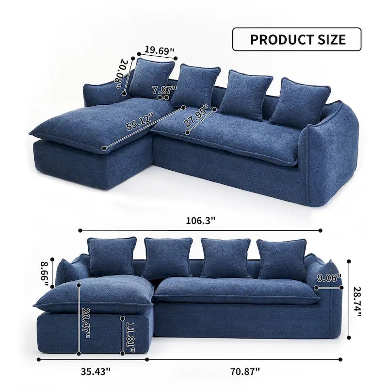 106.3 Oversized L-Shaped 3-Seat Sofa with Chaise and 4 Pillows