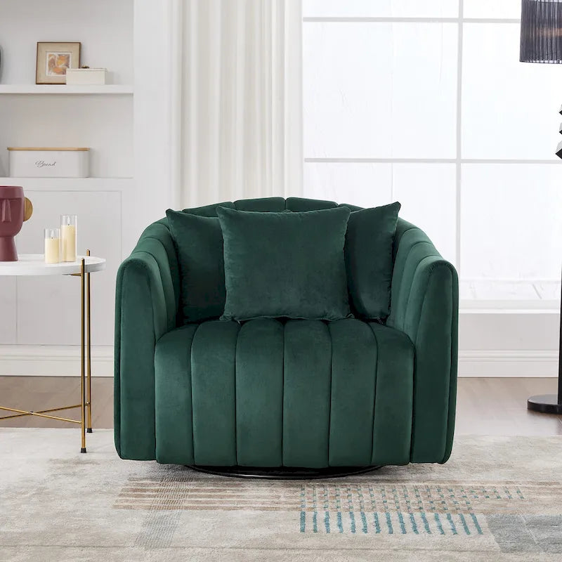 Oversized 360 Swivel Accent Barrel Chair and Half Cozy Sofa with 3 Pillows,Velvet Channel Tufted Pumpkin-Shape Club Armchair