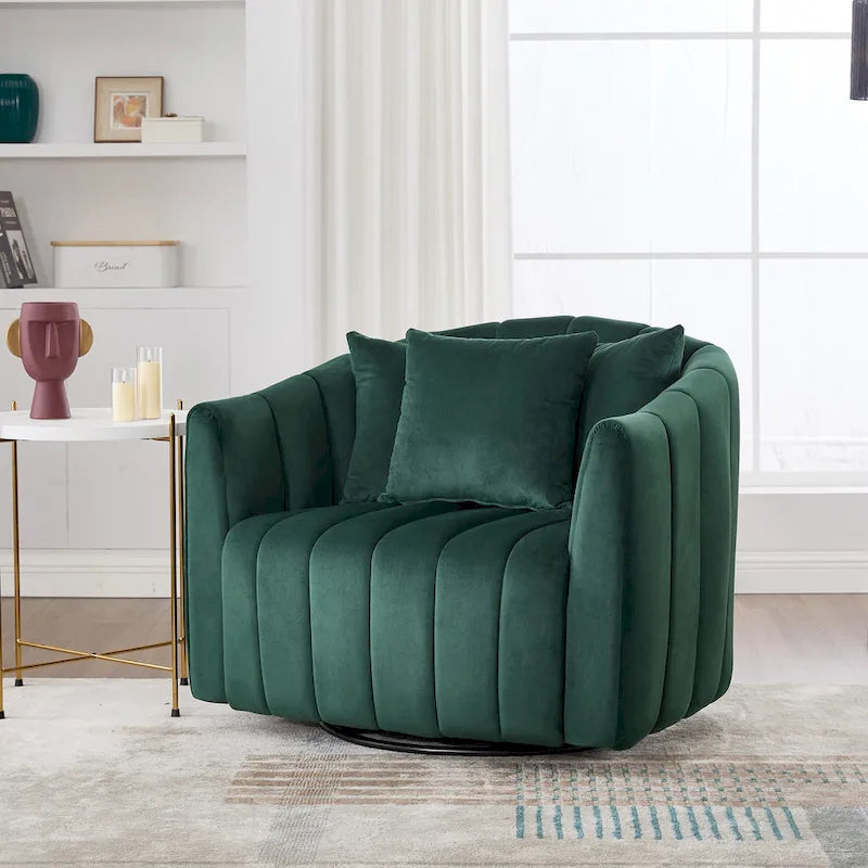 Oversized 360 Swivel Accent Barrel Chair and Half Cozy Sofa with 3 Pillows,Velvet Channel Tufted Pumpkin-Shape Club Armchair