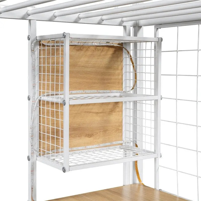 Twin/Full Size Loft Bed with Bulit-in Desk, Wardrobe & Storage Staircase, Metal Loft Bedframe with LED Light and Metal Grid