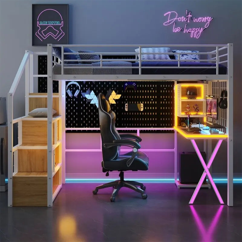 Loft Bed with Desk, Wardrobe and Storage Staircase - Metal, Twin/Full