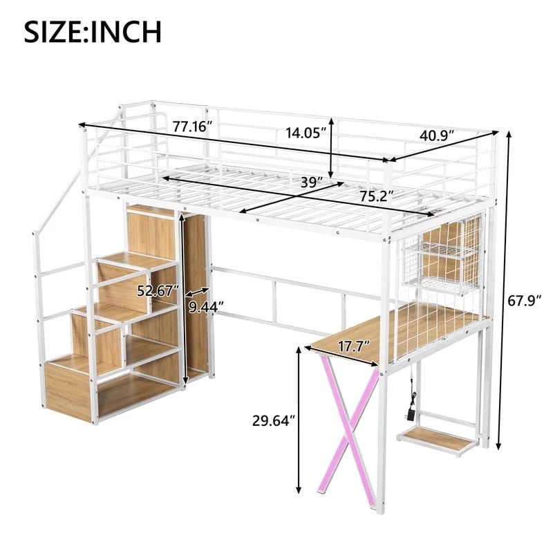 Loft Bed with Desk, Wardrobe and Storage Staircase - Metal, Twin/Full