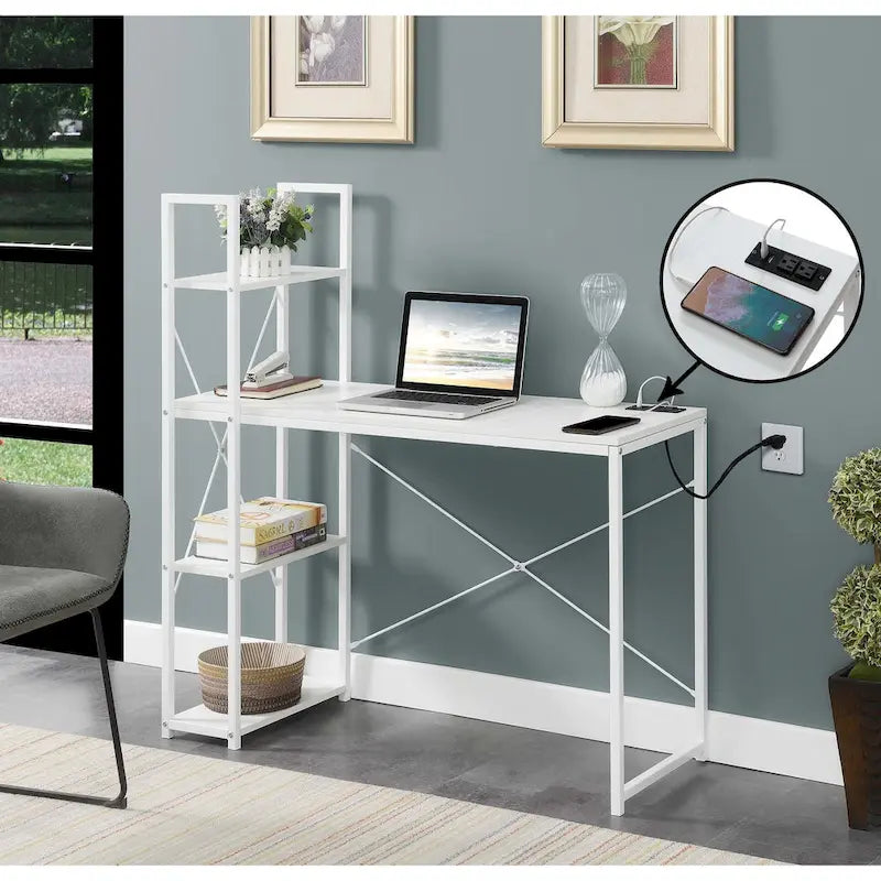 Office Workstation with Charging Station and Shelves - Grey/White