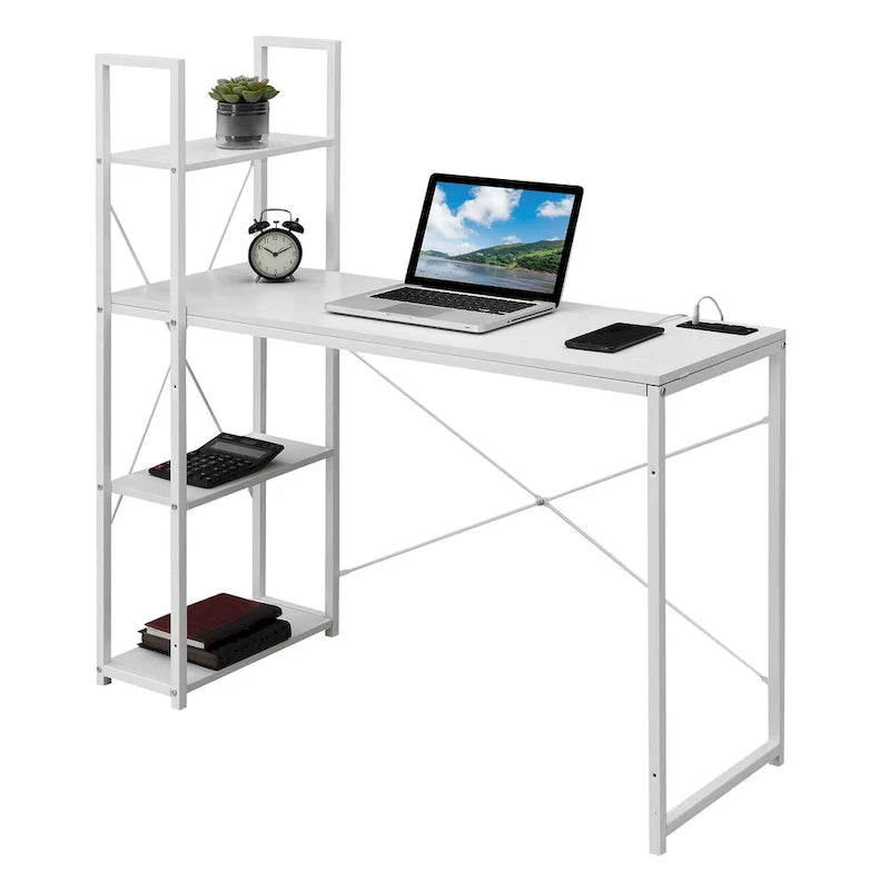 Office Workstation with Charging Station and Shelves - Grey/White