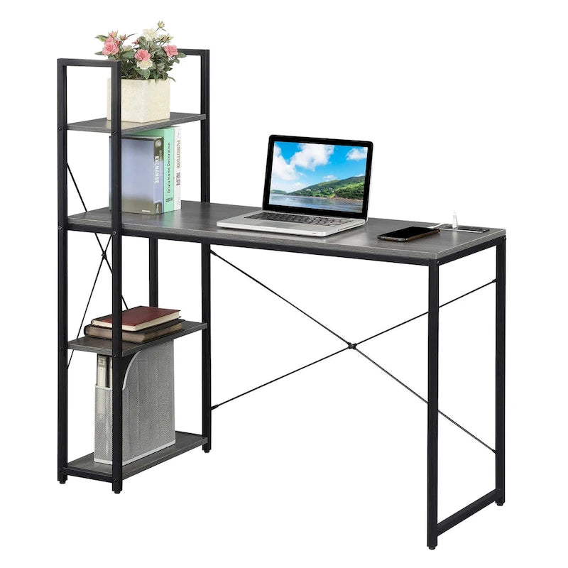 Office Workstation with Charging Station and Shelves - Grey/White
