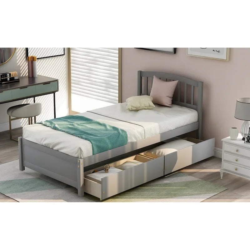 Nestfair Twin Size Wood Platform Bed with Two Drawers and Headboard