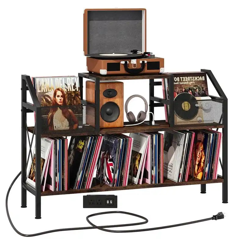 Record Player Stand with Storage - Rustic Brown