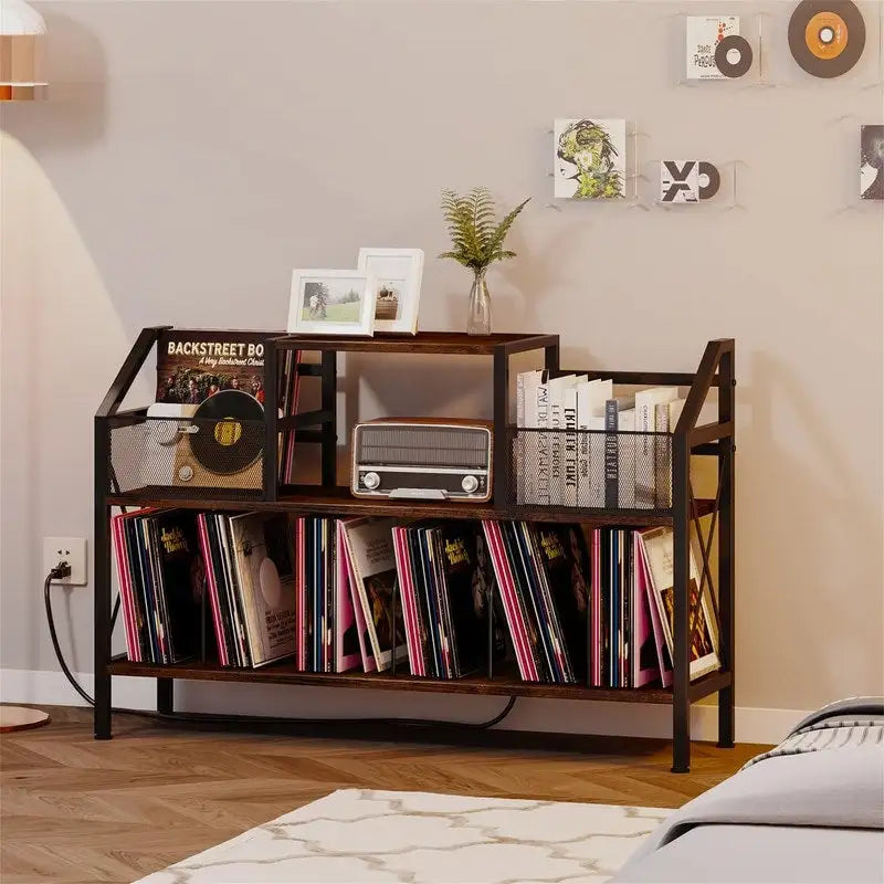 Record Player Stand with Storage - Rustic Brown