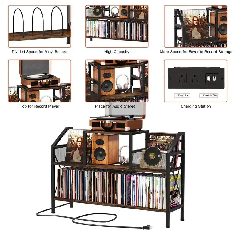 Record Player Stand with Storage - Rustic Brown