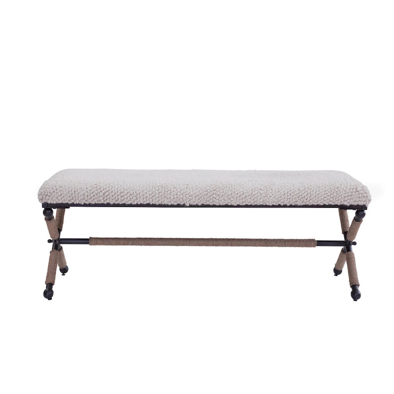 Upholstered Boucle Bench - Ivory/Black, Double Seat