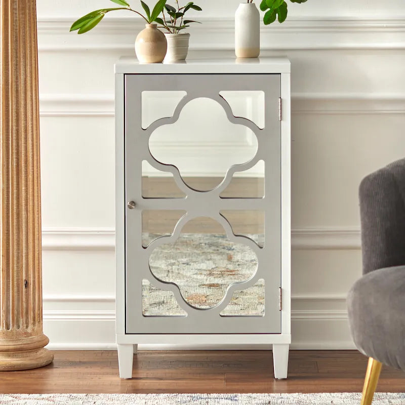 Mirrored Side Cabinet with Quatrefoil Design - White/Black/Gold/Silver