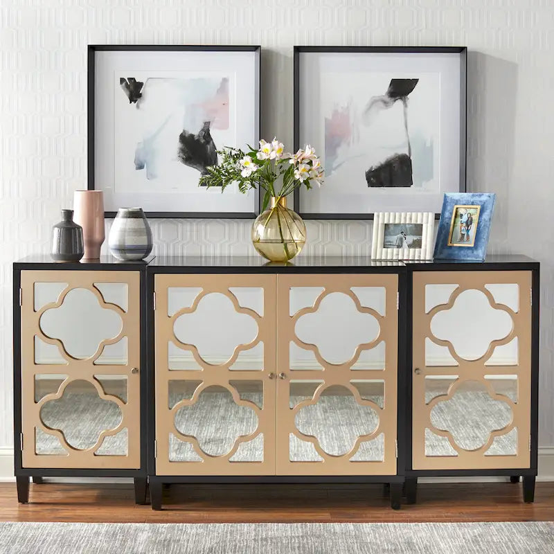 Mirrored Side Cabinet with Quatrefoil Design - White/Black/Gold/Silver
