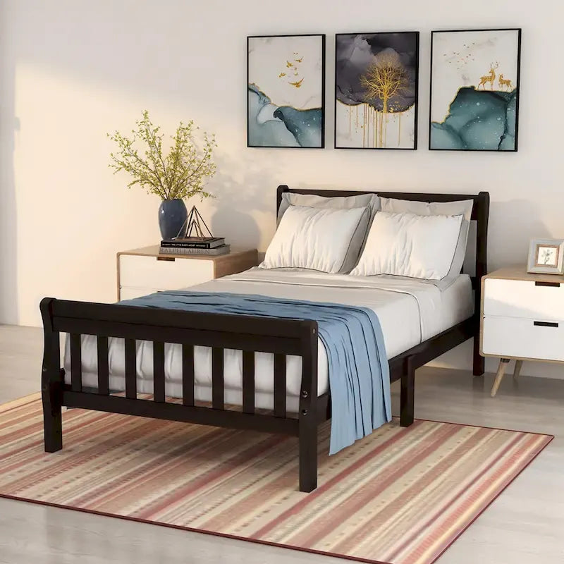 Wood Platform Bed with Headboard and Footboard - Espresso/White/Oak, Twin