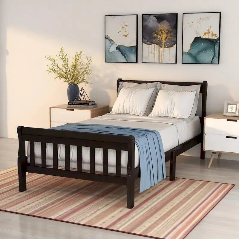 Wood Platform Bed with Headboard and Footboard - Espresso/White/Oak, Twin