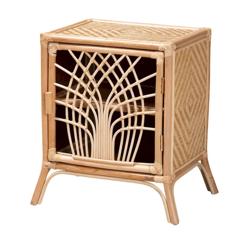 Rattan Nightstand with Woven Door - Natural Brown