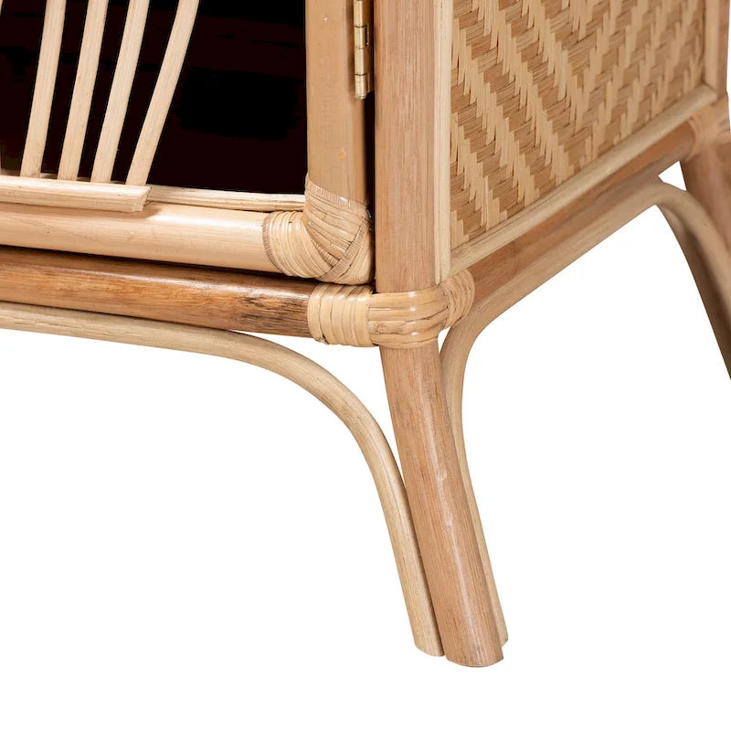 Rattan Nightstand with Woven Door - Natural Brown
