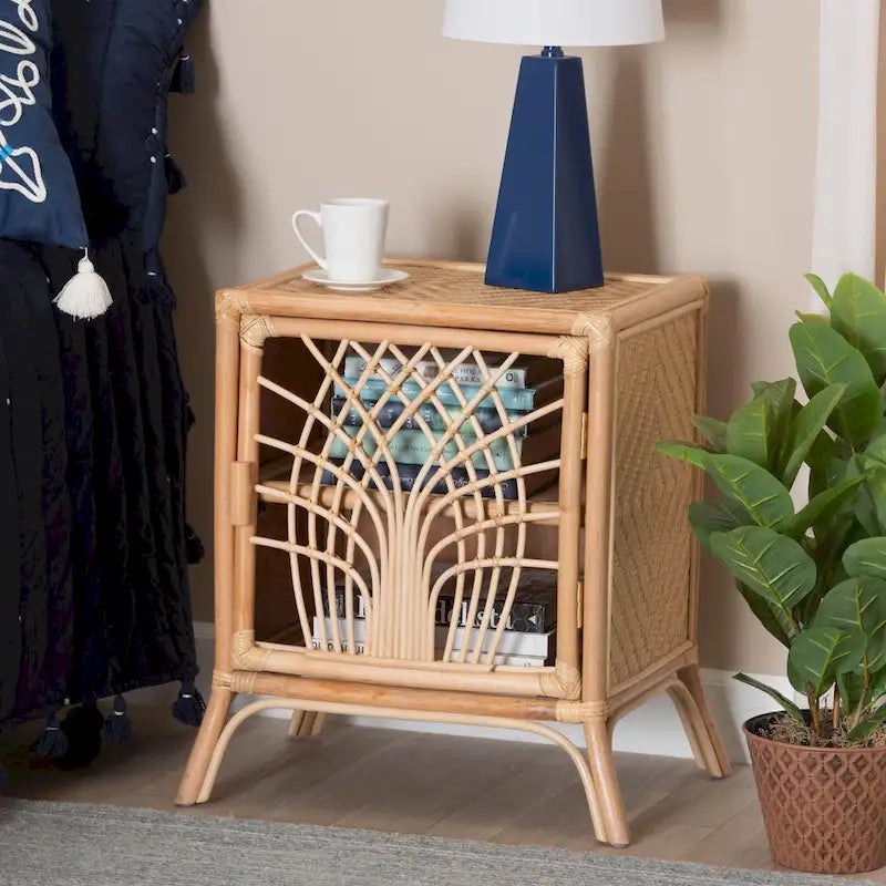 Rattan Nightstand with Woven Door - Natural Brown