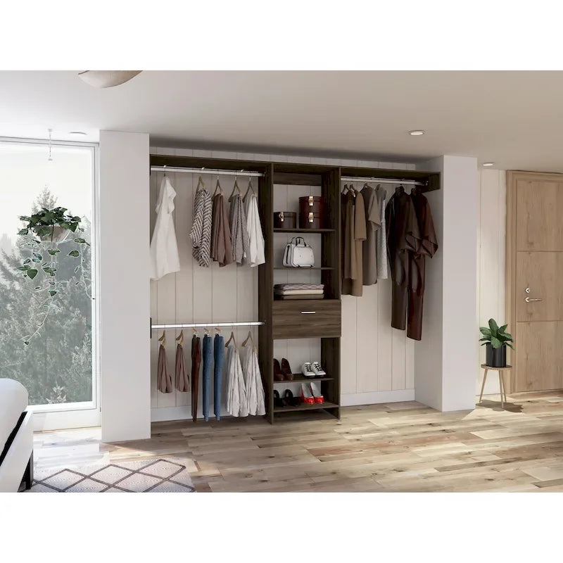 FM Furniture Cross Closet System with Drawer, 3 Metal Rods, and 5 Open Shelves