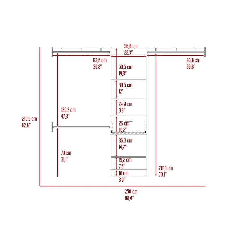 FM Furniture Cross Closet System with Drawer, 3 Metal Rods, and 5 Open Shelves