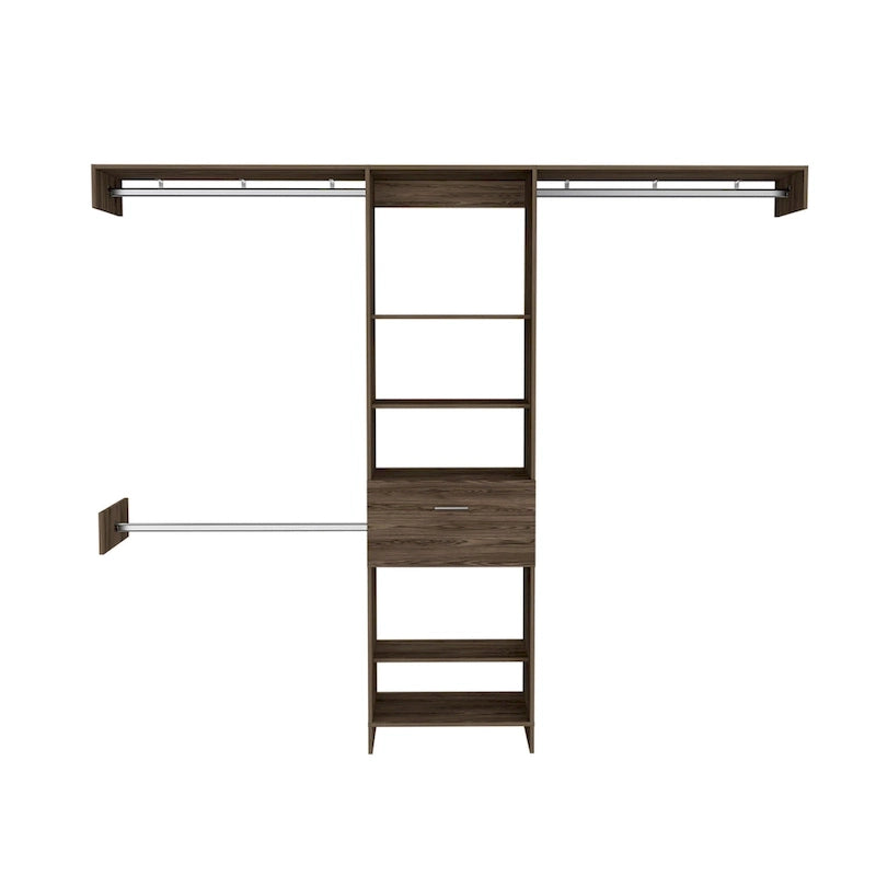 FM Furniture Cross Closet System with Drawer, 3 Metal Rods, and 5 Open Shelves