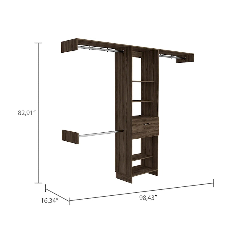 FM Furniture Cross Closet System with Drawer, 3 Metal Rods, and 5 Open Shelves