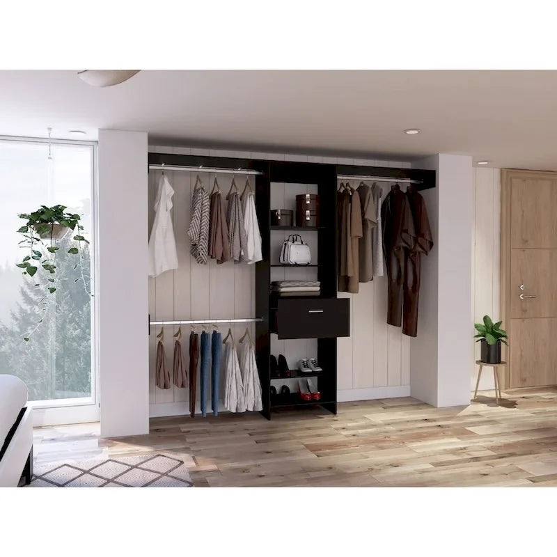 FM Furniture Cross Closet System with Drawer, 3 Metal Rods, and 5 Open Shelves