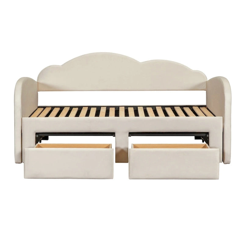 Twin Size Upholstered daybed with Cloud-Shaped Backrest, Trundle & 2 Drawers and USB Ports, Beige