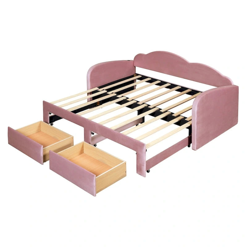 Twin Size Upholstered daybed with Cloud-Shaped Backrest, Trundle & 2 Drawers and USB Ports, Beige